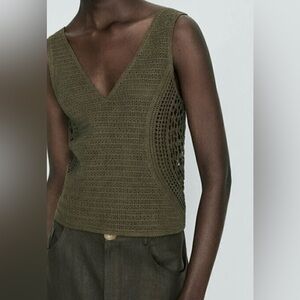 Massimo Dutti Crochet Khaki - Olive Green V Neck Crop Top - XS